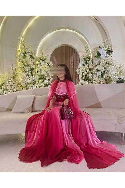 ALANOOD FASHION فستان شيفون مدرج وردي فوشي بأناقة ساحرة