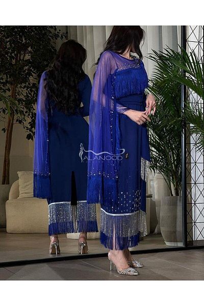 ALANOOD FASHION Mazoon navy blue dress with hand embroidery for mothers, brides and evening occasions