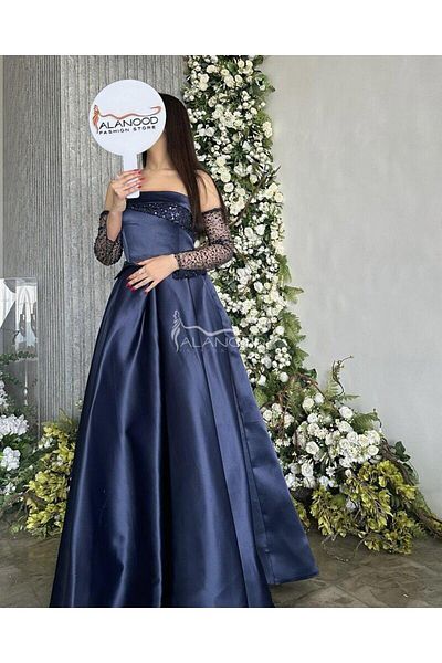 ALANOOD FASHION Long navy blue dress with sequined sleeves, stretch taffeta fabric, and a cloche pocket for occasions