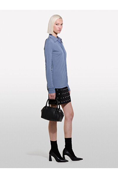 Sisley Kdn_100% Viscose Slim Fit Buttoned Pointed Collar Jersey Shirt Women's Iron Blue Shirt - 324A54Hxlq087