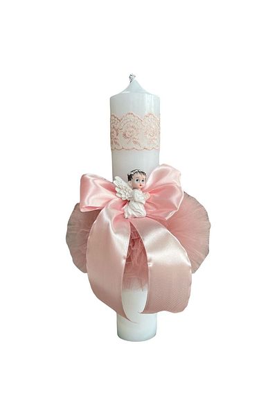 Botez Baptism candle, angel, powder pink, tulle, 35x6 cm