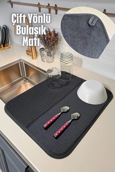 Ponitex Livarno Mikrofiber Bulaşık Altlığı Kurutma Matı Katlanabilir Çift Yüzey GERMANY 44x36 cm. GRİ