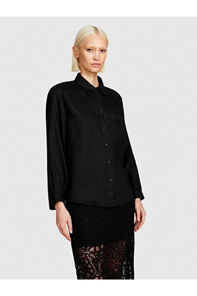 Sisley 100% Linen Buttoned Long Sleeve Shirt with Chest Pocket Women's Black Shirt - 324P5Bmllq06S