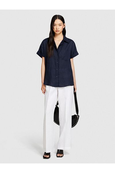 Sisley 100% Linen Button Short Sleeve Shirt with Chest Pocket Women Navy Blue Shirt - 324P5Bmllq042