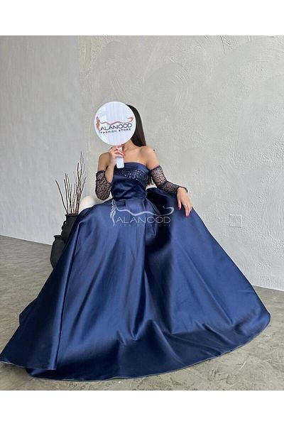 ALANOOD FASHION Long navy blue dress with sequined sleeves, stretch taffeta fabric, and a cloche pocket for occasions