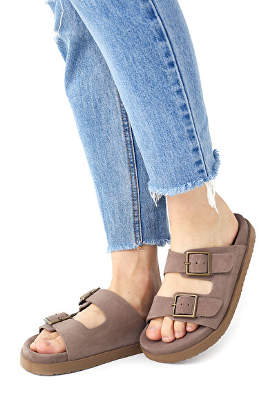 alamoda شبشب نسائي من الجلد الطبيعي من جلد الغزال المنك بإبزيم مزدوج مريح ونع...