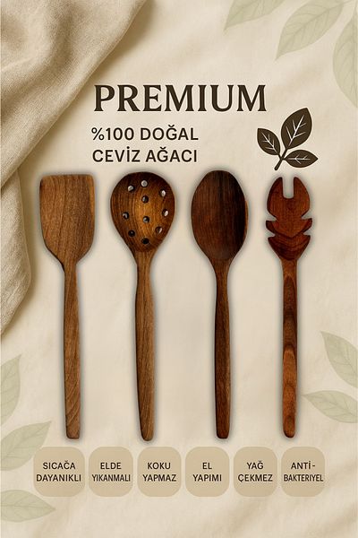 Ülgenev Set of 4 100% Natural Walnut Wood Kitchen Set – Spatula, Spoon, Colander, Tongs