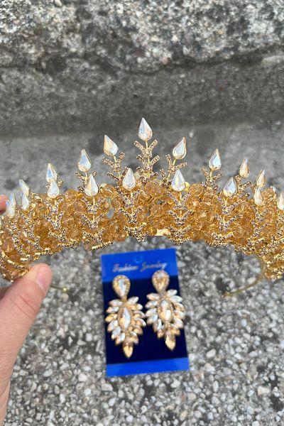 Hobigram Belicia Gold Bridal Henna Crown Special Occasion Accessory Women's Crown and Thin Shuttle Earring Set