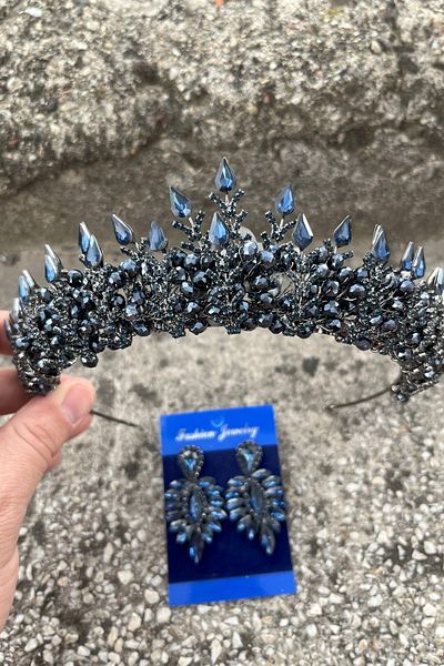 Hobigram Belicia Navy Blue Bridal Henna Crown Special Occasion Accessory Women's Crown and Thin Shuttle Earring Set