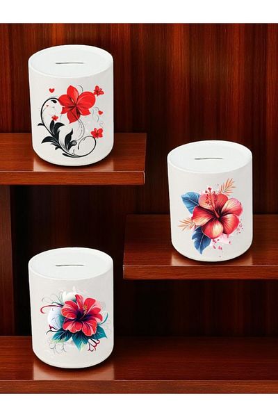 lili hediyelik Flower Pattern Printed 3-Piece Ceramic Piggy Bank