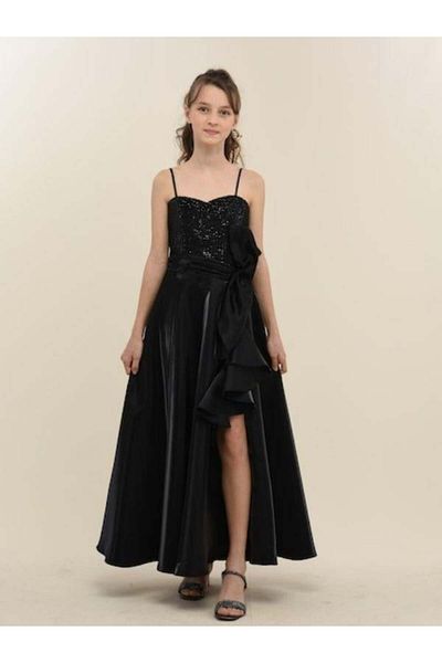 Zekids Girl's Shiny Fabric Slit Detailed Design Evening Dress