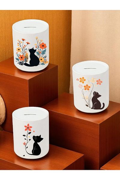lili hediyelik Cat and Flower Pattern Printed 3-Piece Ceramic Piggy Bank