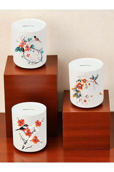 lili hediyelik Bird and Flower Pattern Printed 3-Piece Ceramic Piggy Bank