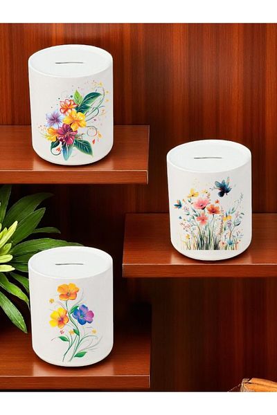 lili hediyelik Flower Printed 3-Piece Ceramic Piggy Bank