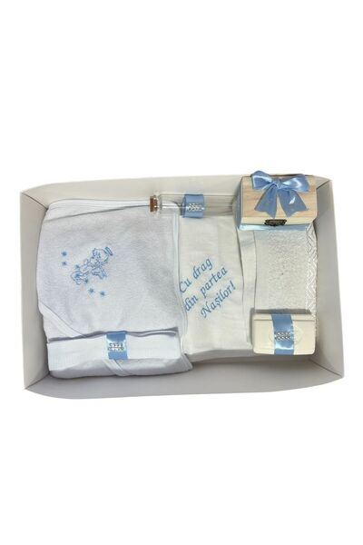 Botez Trusou botez ingeras, 7 piese, blue, in cutie, bumbac, cu mesajul "Cu d...