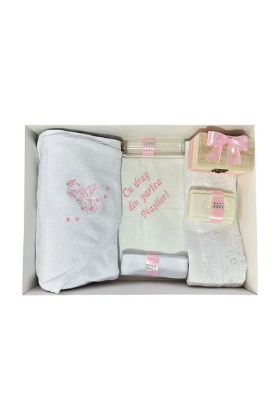 Botez Angel baptism set, 7 pieces, coral, in box, cotton, with the message "With love from the godparents"