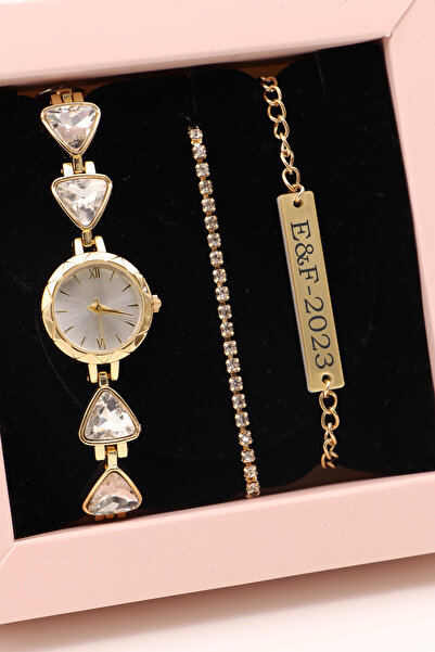 Northwatch Özel Kutulu Taşlı Gold Kol Saati-Bileklik Kombin Set