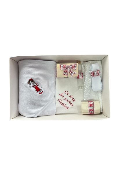 Botez Trusou botez traditional, 7 piese, rosu, in cutie, bumbac, cu mesajul "Cu drag din partea nasilor"