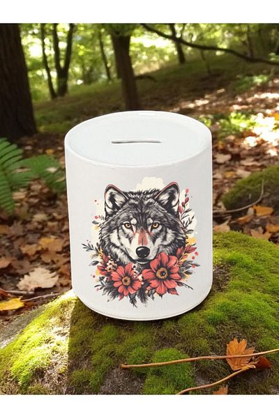 lili hediyelik Wolf and Flower Pattern Printed 3-Piece Ceramic Piggy Bank