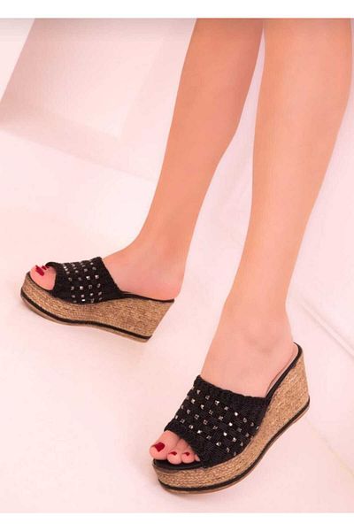 AYDOĞDU by ünal Black Stone Wedge Sole Knitted Slippers -572