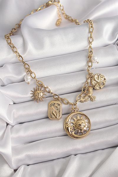 Skygo Gold Colored 316L Steel Ring Chain Bird Detailed Sun Figured Women's Necklace - Tj-Bko9850