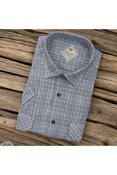 GÖMLEK GALERİSİ Men's Classic Loose Fit Double Pocket Plaid Linen Short Sleeve Shirt