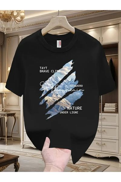 SAVA Men's 100% high-quality cotton T-shirt,mountain print,breathable&stretchy fabric,regular fit