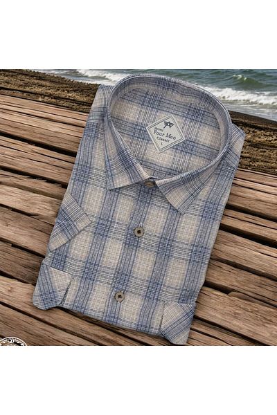 GÖMLEK GALERİSİ Men's Classic Loose Fit Double Pocket Plaid Linen Short Sleeve Shirt