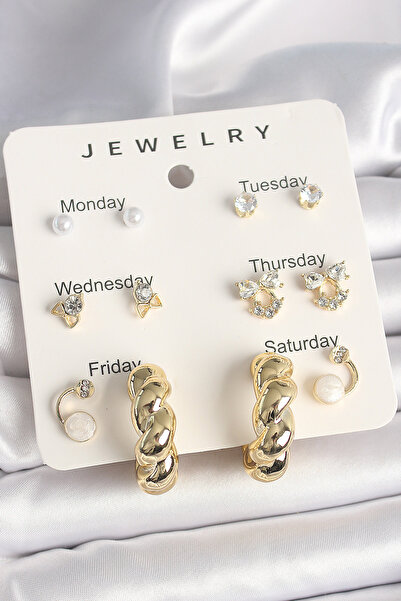 Skygo Brass Gold Color Zircon Stone Spiral Hoop Model 7-Piece Women's Earring Set - Tj-Bkp10324