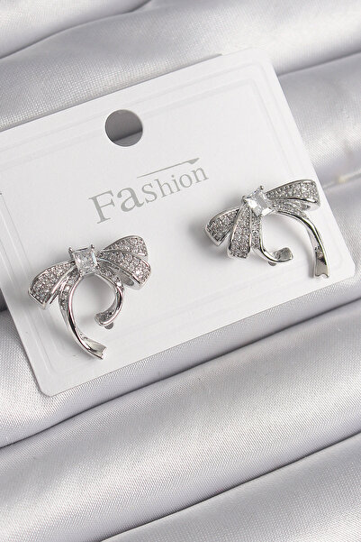 Skygo Zircon Stone Bow Model Women's Earrings - Silver Color Brass Color