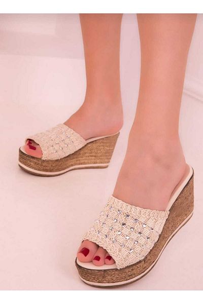 AYDOĞDU by ünal Beige Stone Padded Sole Knitted Slippers -572