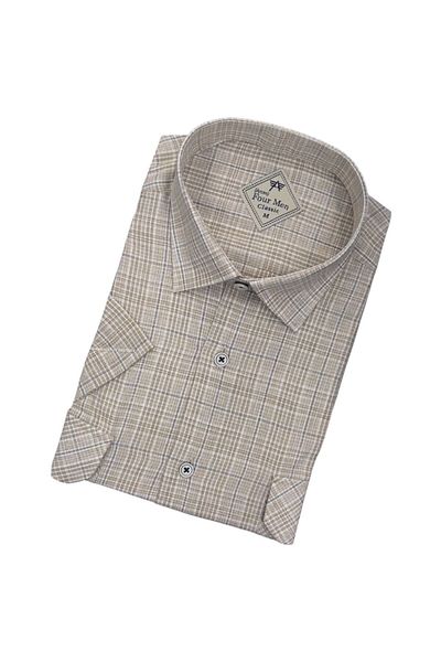 GÖMLEK GALERİSİ Men's Classic Loose Fit Double Pocket Plaid Linen Short Sleeve Shirt
