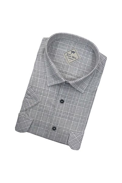 GÖMLEK GALERİSİ Men's Classic Loose Fit Double Pocket Plaid Linen Short Sleeve Shirt