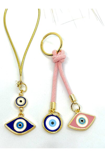 Azrua Ornament pentru oglindă auto în formă de ochi albastru închis, amulete pentru mașină și set de brelocuri metalice în formă de ochi cu șnur roz