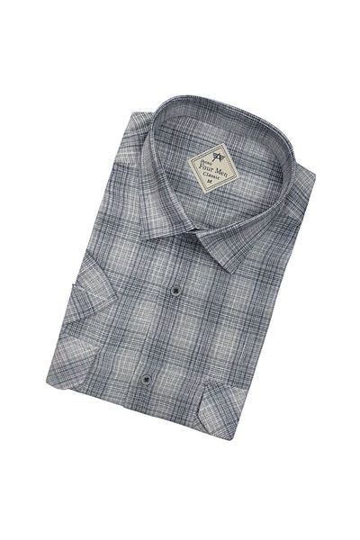 GÖMLEK GALERİSİ Men's Classic Loose Fit Double Pocket Plaid Linen Short Sleeve Shirt
