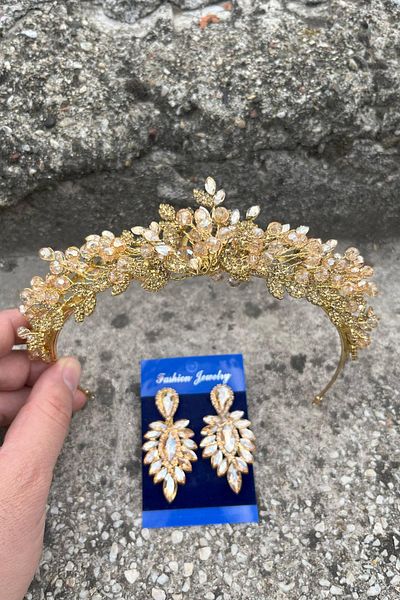 Hobigram Camilo Gold Bridal Henna Crown Special Occasion Accessory Women's Crown and Thin Shuttle Earring Set