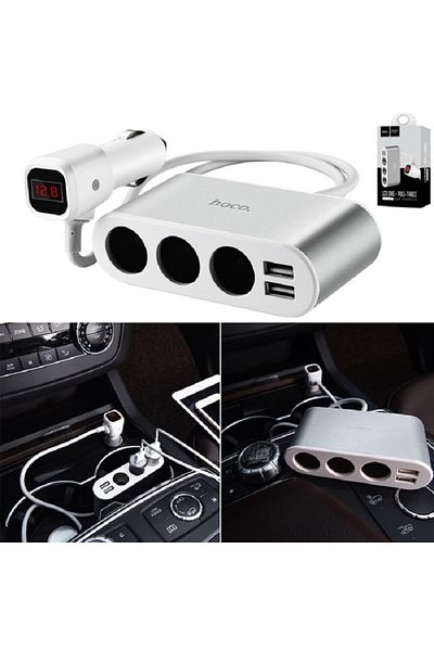 Hoco 3 in 1 Car Charger 3 Sockets Car Lighter Adapter Splitter 2 USB Car-Charger with LED Digital Display