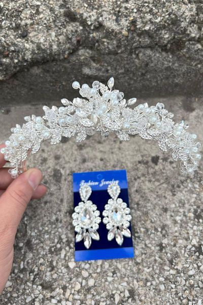 Hobigram Camilo Silver Bridal Henna Crown Special Occasion Accessory Women's Crown and Three Shuttle Earrings Set