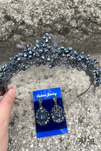 Hobigram Camilo Navy Blue Bridal Henna Crown Special Occasion Accessory Women's Crown and Drop Shuttle Earring Set