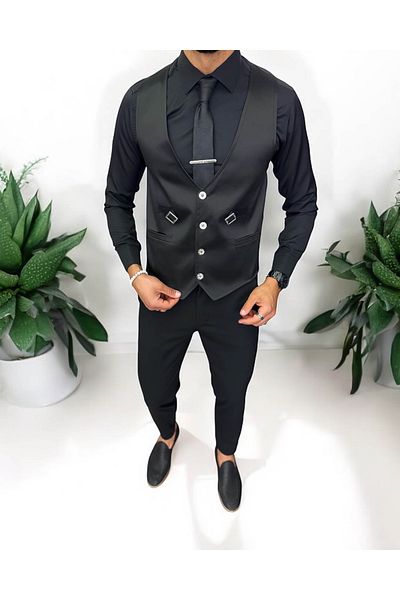 dehaine Men's vest, casual, glossy black, 13215, slim fit
