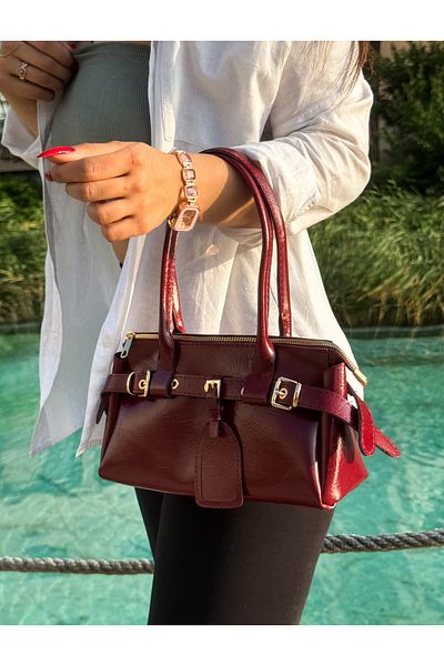 Goldies Bag Women's Burgundy Cherry Red Belted Gold Detailed Zippered Soft Faux Leather Handbag Stella