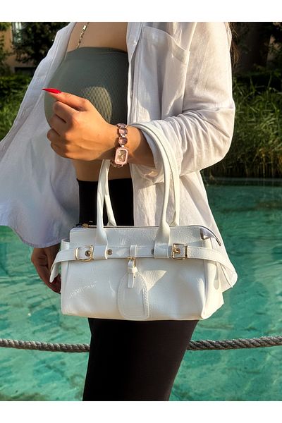 Goldies Bag Women's White Belted Gold Detailed Zippered Soft Faux Leather Handbag Stella