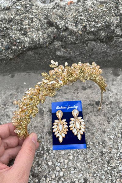Hobigram Camilo Gold Bridal Henna Crown Special Occasion Accessory Women's Crown and Thin Shuttle Earring Set