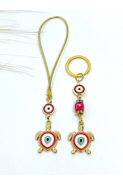 Azrua Red Colored Turtle Car Mirror Ornament, Car Charm and Red Turtle Metal Keychain Set