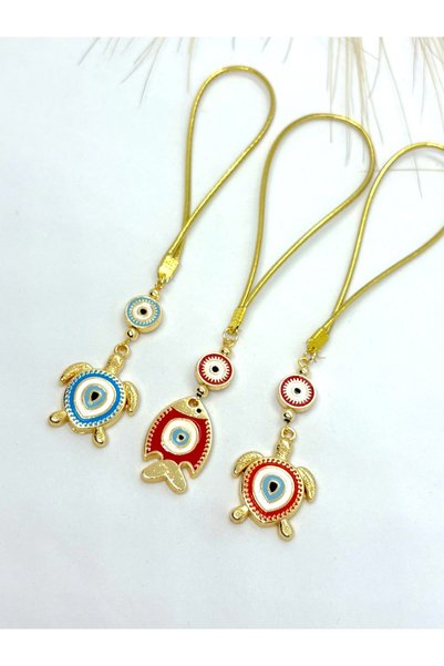 Azrua Car Mirror Ornament, Car Charm and Navy Blue Eye Shaped Metal Keychain Set