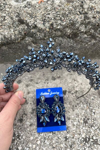 Hobigram Camilo Navy Blue Bridal Henna Crown Special Occasion Accessory Women's Crown and Three Shuttle Earrings Set
