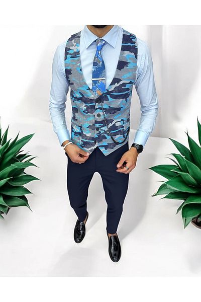 dehaine Men's vest, casual, blue camouflage 13220, slim fit