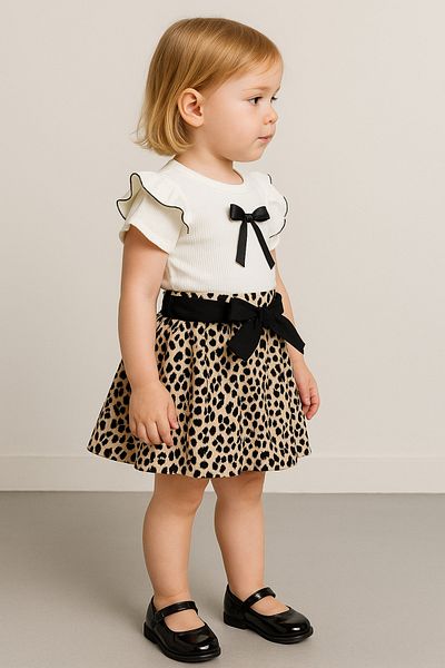 İdeal Misi Misi 744 Girl's Bow Leopard Print Skirt T-Shirt Double Set