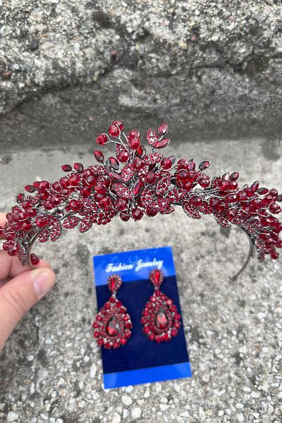 Hobigram Camilo Burgundy Bridal Henna Crown Special Occasion Accessory Women's Crown and Drop Shuttle Earrings Set