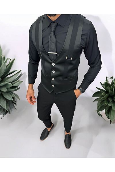 dehaine Men's vest, casual, glossy black, 13212, slim fit